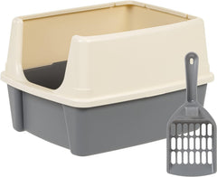 Large Cat Litter Box with High Sides, Open Top for Easy Access, Includes Scoop with Storage, 19" X 15" X 11.75", Grey/Beige