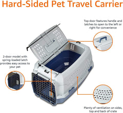 Sturdy Portable 2-Door Top-Load Hard-Sided Pet Travel Carrier with Secure Ventilation, Handle, Front & Top Entry for Dogs, Cats, 22.8"L X 15"W X 13"H, Gray & Blue