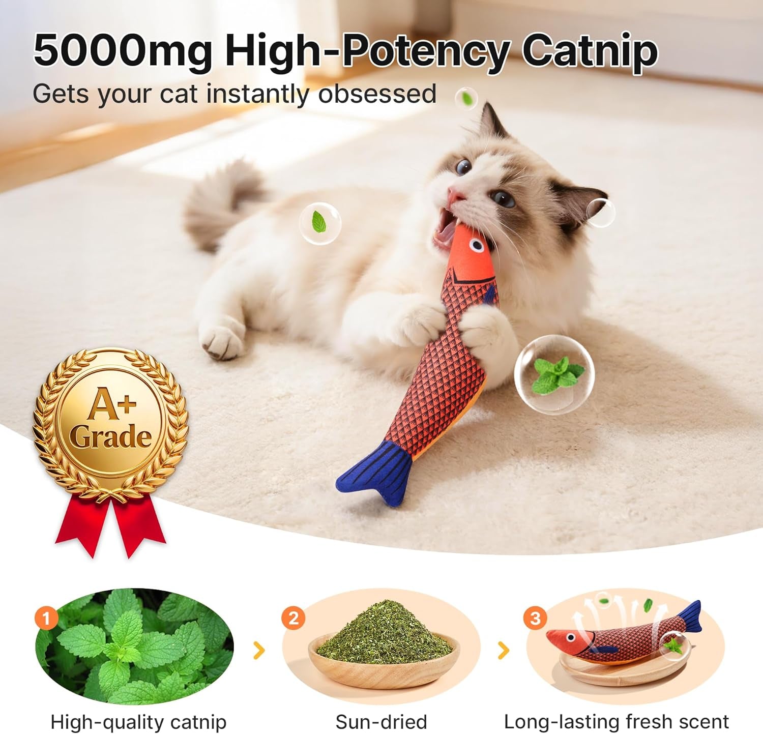 Cat Toys Saury Fish, 3 Pack, Catnip Crinkle Sound, Soft and Durable, Interactive Kitten Kicker for Indoor Kitty Exercise 9.4 Inches for All Breeds