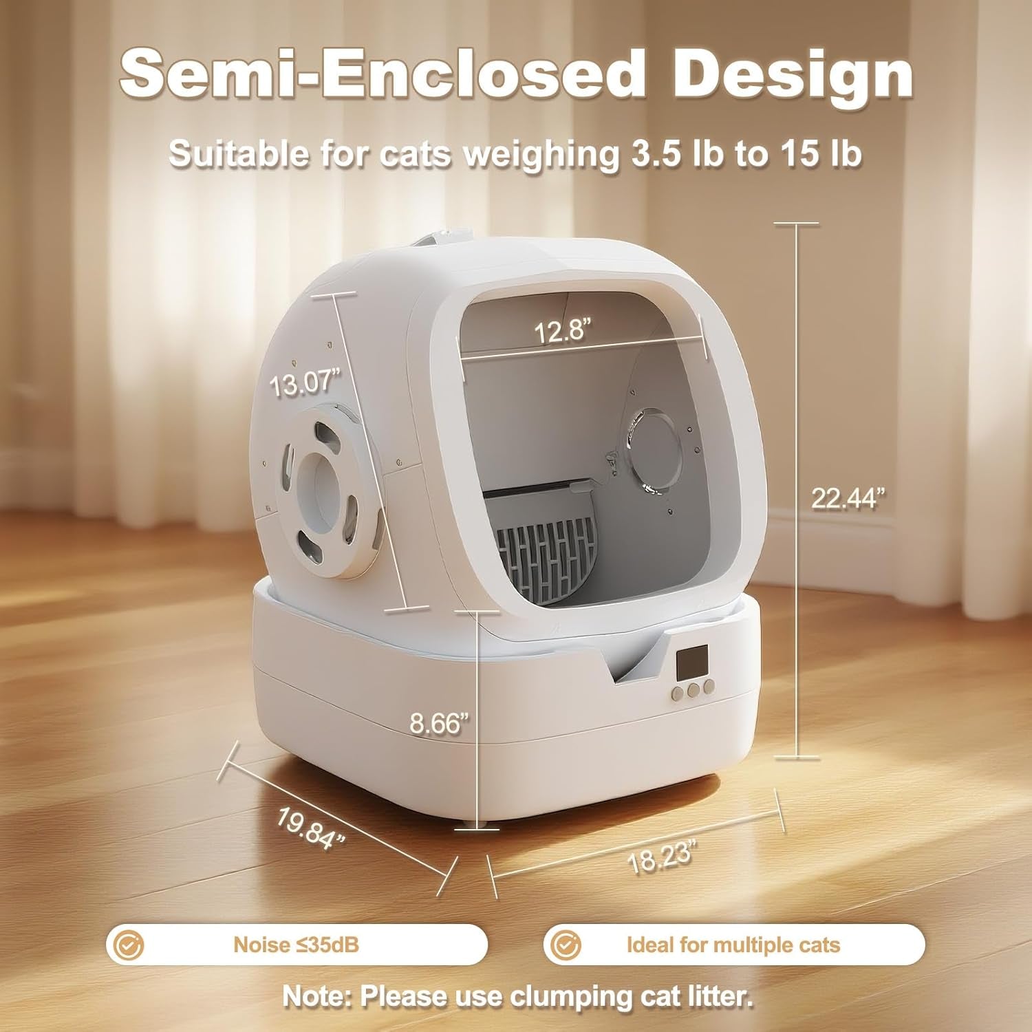 Automatic Cat Litter Box Self Cleaning - APP Control and Weight Monitoring - Ultra-Quiet, Suitable for Medium Cats and Kittens, Safe Anti-Pinch Litter Box (Assembly Required) - White