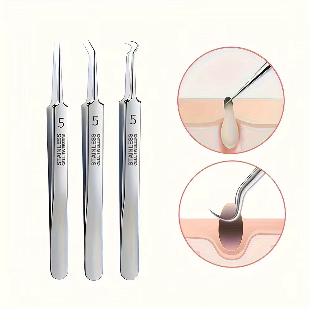 3 Pcs Silver Professional Blackhead Tweezer Professional Facial Blackhead Remover Tweezers Precision Extractor Acne Removal Kit Pimple Popper Tool with Storage Box Skin Care Tools, Blackhead Tweezers