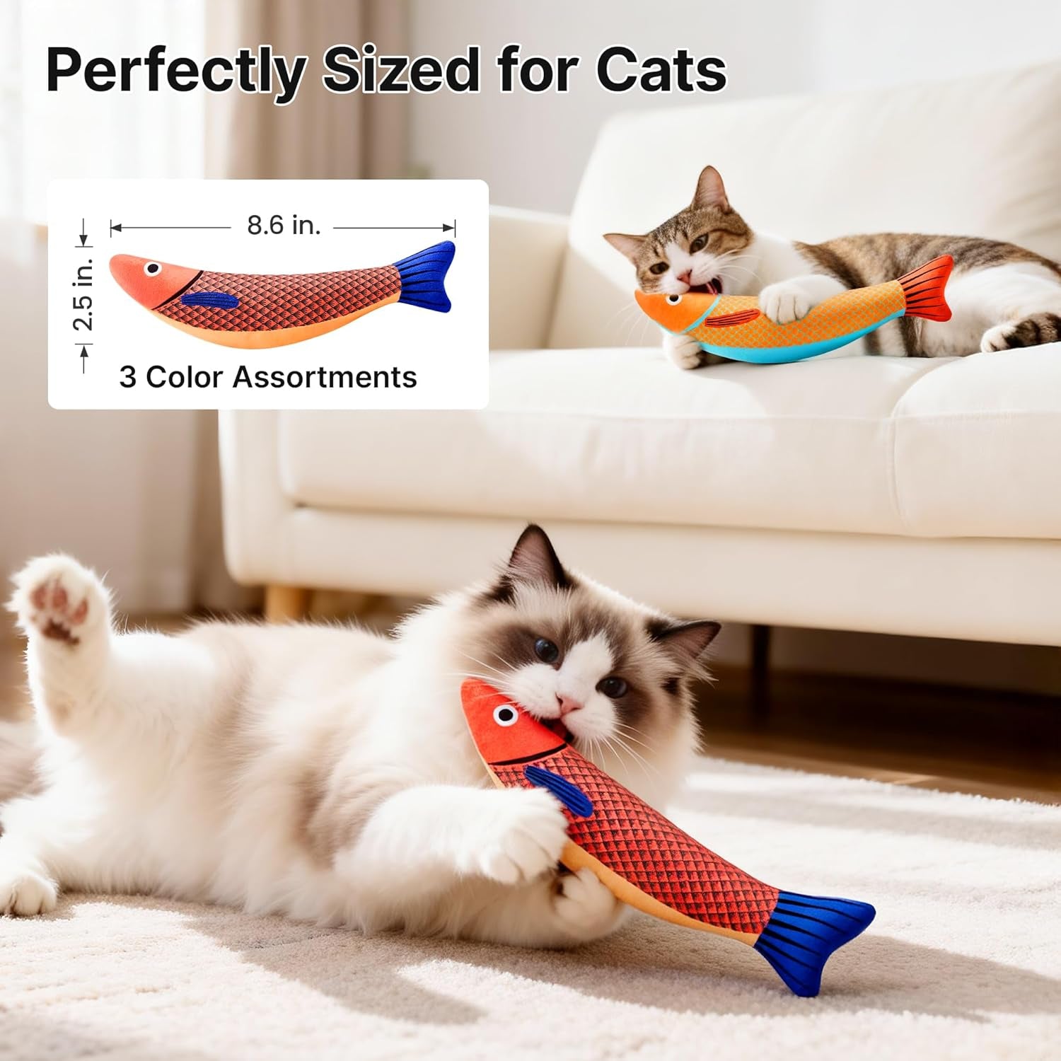 Cat Toys Saury Fish, 3 Pack, Catnip Crinkle Sound, Soft and Durable, Interactive Kitten Kicker for Indoor Kitty Exercise 9.4 Inches for All Breeds