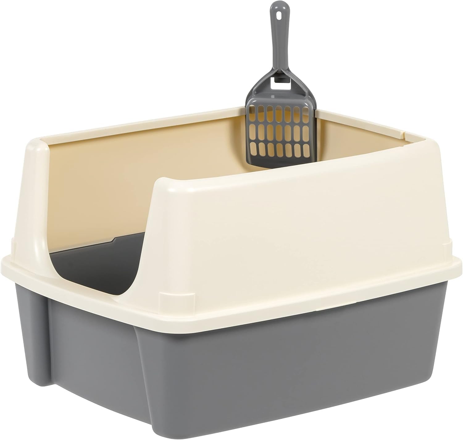 Large Cat Litter Box with High Sides, Open Top for Easy Access, Includes Scoop with Storage, 19" X 15" X 11.75", Grey/Beige