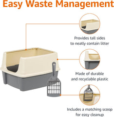 Large Cat Litter Box with High Sides, Open Top for Easy Access, Includes Scoop with Storage, 19" X 15" X 11.75", Grey/Beige