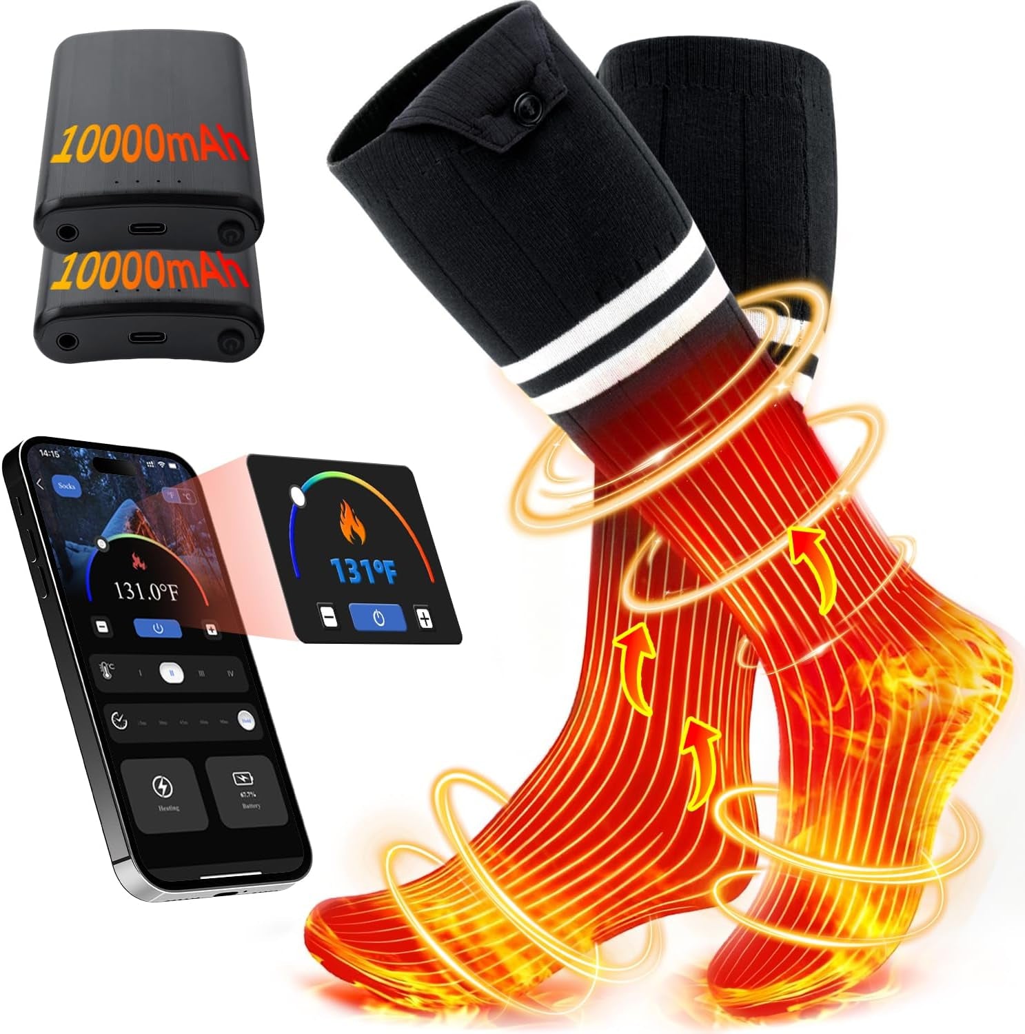 Heated Socks, 2X10000Mah Rechargeable Electric Socks with 4 Heat Settings and 5 Timer, Christmas Gifts for Men Women, Winter Foot Warmers for Camping, Skiing, Hiking, Fishing, Outdoor Work
