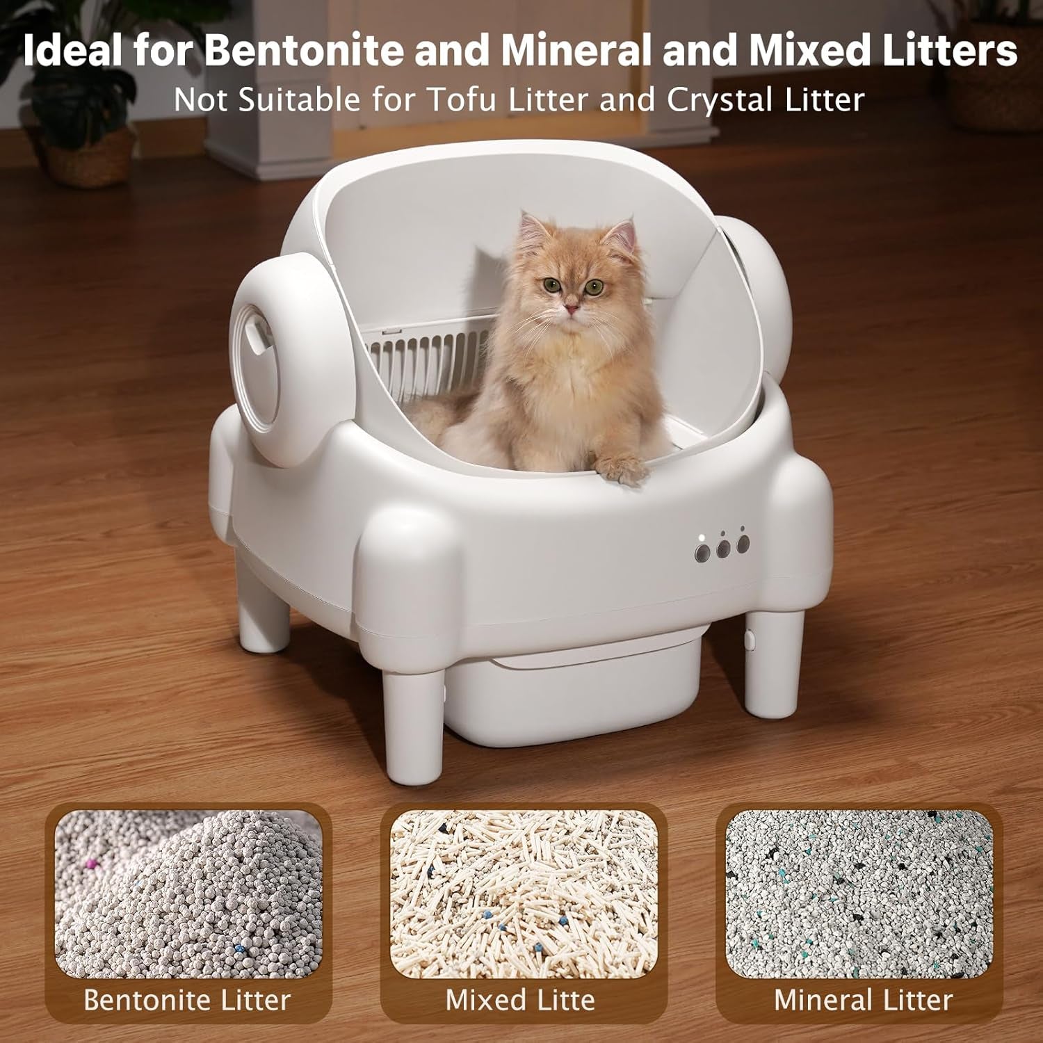 Self Cleaning Litter Box,Open Top Automatic Litter Box with App Control for Multiple Cats, Safety Sensors Protection, Odor Control Includes 2 Roll Liners,Large Waste Bin, Cream White