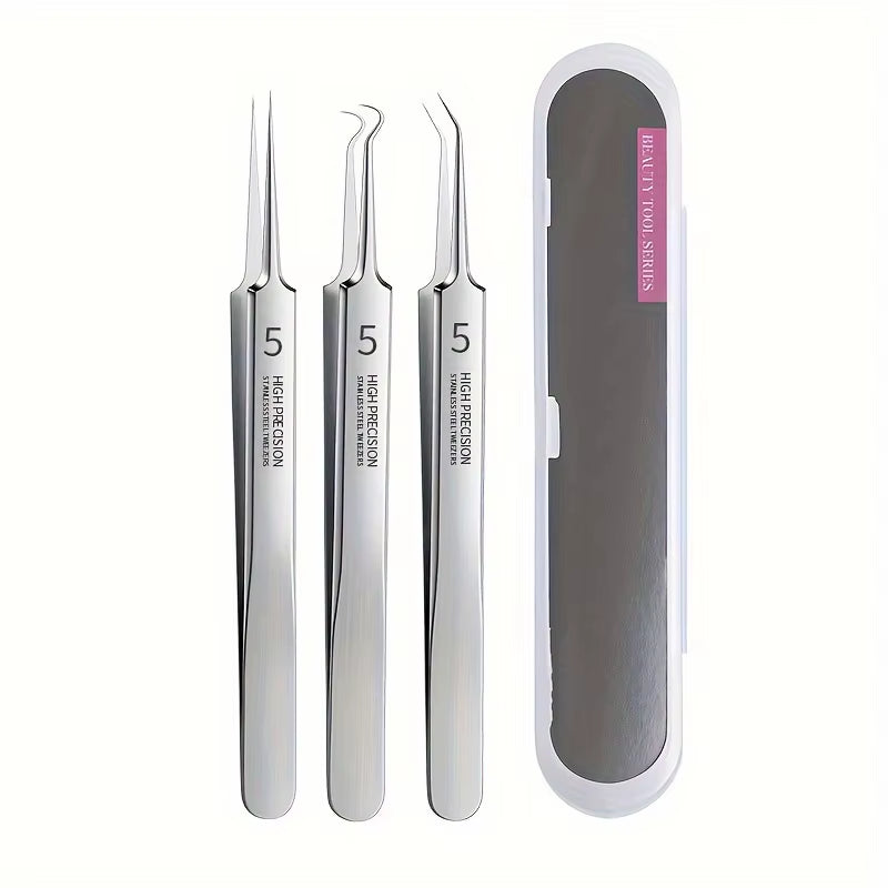 3 Pcs Silver Professional Blackhead Tweezer Professional Facial Blackhead Remover Tweezers Precision Extractor Acne Removal Kit Pimple Popper Tool with Storage Box Skin Care Tools, Blackhead Tweezers